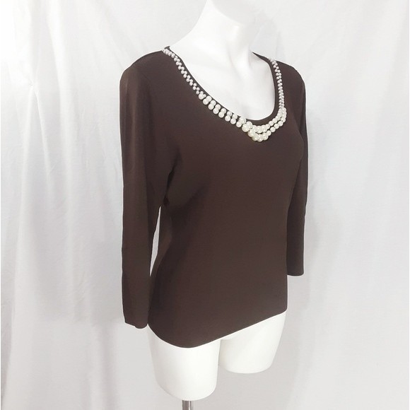 NWT Finity Faux Pearl Scoop Neck Knit Top Brown L Preppy Elegant Classic Chic - Picture 2 of 5
